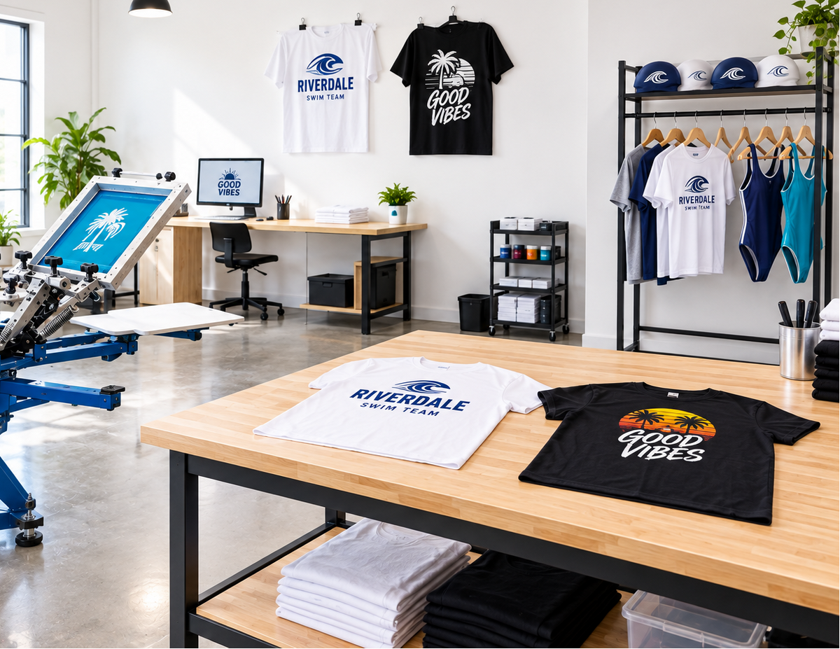 A bright, modern print-on-demand workshop showing a blue screen printing press, t-shirts on a wooden table, and racks of apparel in a clean, professional studio environment.